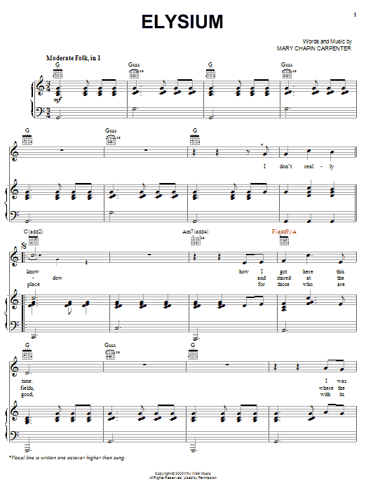 Mary Chapin Carpenter Elysium Sheet Music Notes & Chords for Piano, Vocal & Guitar (Right-Hand Melody) - Download or Print PDF