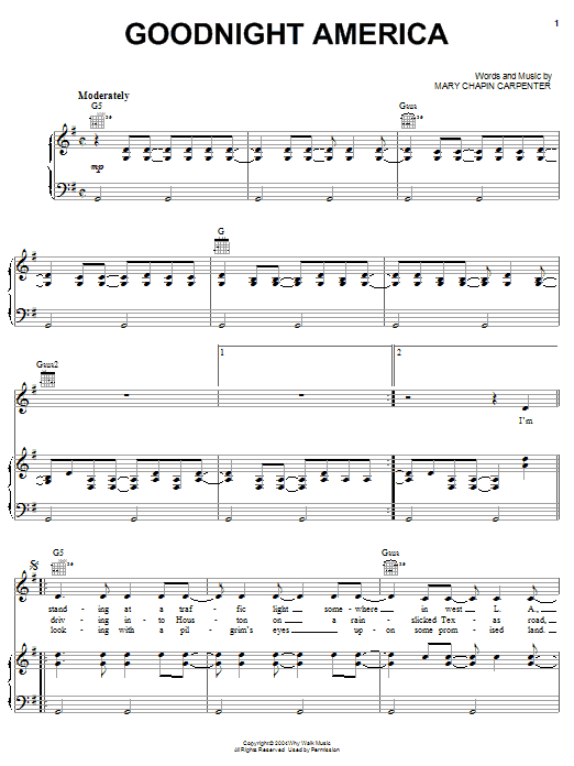 Mary Chapin Carpenter Goodnight America Sheet Music Notes & Chords for Piano, Vocal & Guitar (Right-Hand Melody) - Download or Print PDF