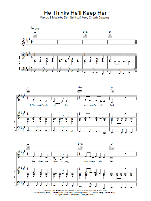 Mary Chapin Carpenter He Thinks He'll Keep Her Sheet Music Notes & Chords for Piano, Vocal & Guitar (Right-Hand Melody) - Download or Print PDF