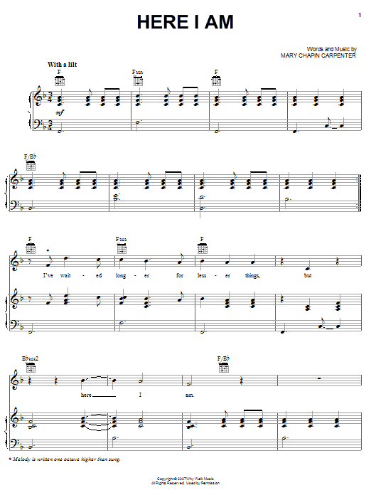 Mary Chapin Carpenter Here I Am Sheet Music Notes & Chords for Piano, Vocal & Guitar (Right-Hand Melody) - Download or Print PDF