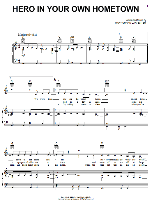 Mary Chapin Carpenter Hero In Your Own Hometown Sheet Music Notes & Chords for Piano, Vocal & Guitar (Right-Hand Melody) - Download or Print PDF