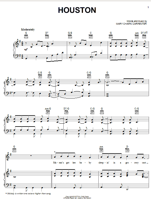 Mary Chapin Carpenter Houston Sheet Music Notes & Chords for Piano, Vocal & Guitar (Right-Hand Melody) - Download or Print PDF