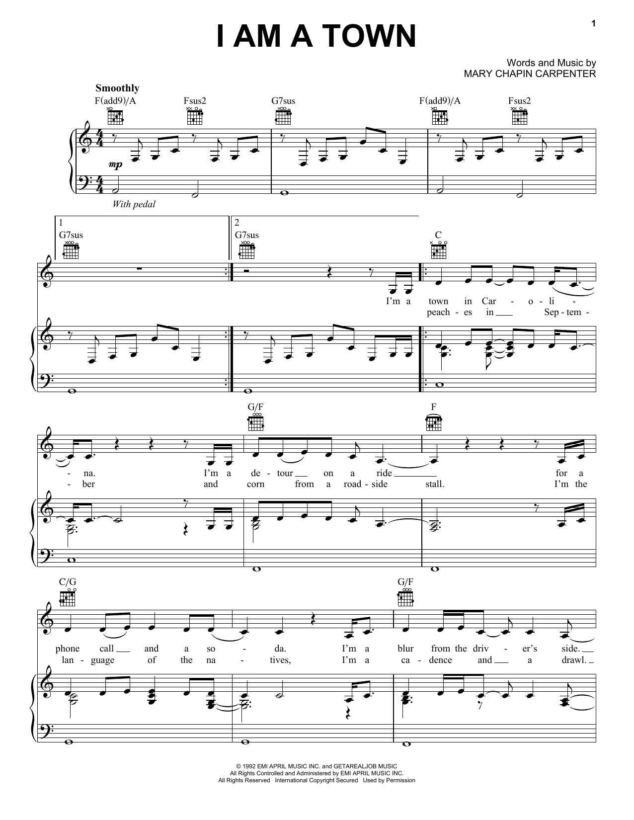 Mary Chapin Carpenter I Am A Town Sheet Music Notes & Chords for Piano, Vocal & Guitar (Right-Hand Melody) - Download or Print PDF