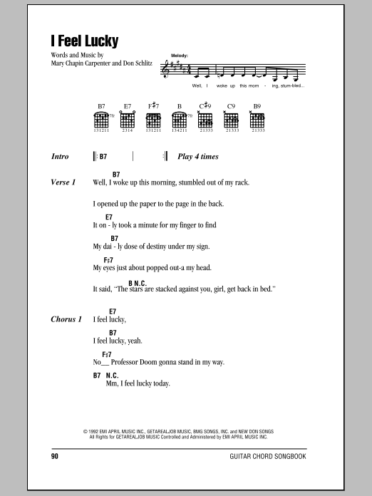 Mary Chapin Carpenter I Feel Lucky Sheet Music Notes & Chords for Lyrics & Chords - Download or Print PDF