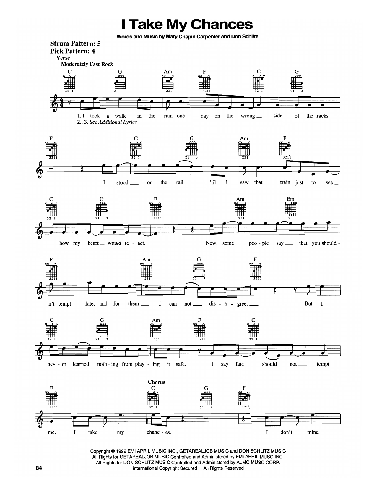 Mary Chapin Carpenter I Take My Chances Sheet Music Notes & Chords for Easy Guitar - Download or Print PDF