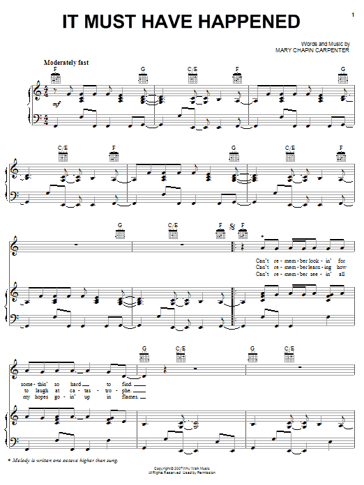 Mary Chapin Carpenter It Must Have Happened Sheet Music Notes & Chords for Piano, Vocal & Guitar (Right-Hand Melody) - Download or Print PDF