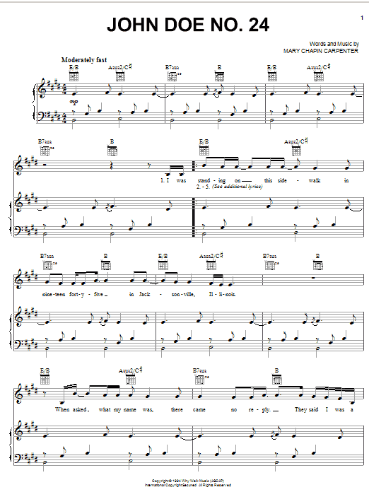 Mary Chapin Carpenter John Doe No. 24 Sheet Music Notes & Chords for Piano, Vocal & Guitar (Right-Hand Melody) - Download or Print PDF