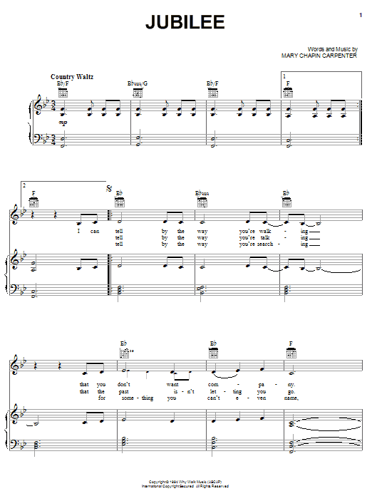 Mary Chapin Carpenter Jubilee Sheet Music Notes & Chords for Piano, Vocal & Guitar (Right-Hand Melody) - Download or Print PDF Mary Chapin Carpenter Jubilee Sheet Music Notes & Chords for Piano, Vocal & Guitar (Right-Hand Melody) - Download or Print PDF