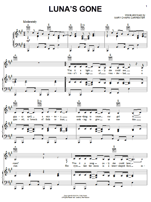 Mary Chapin Carpenter Luna's Gone Sheet Music Notes & Chords for Piano, Vocal & Guitar (Right-Hand Melody) - Download or Print PDF