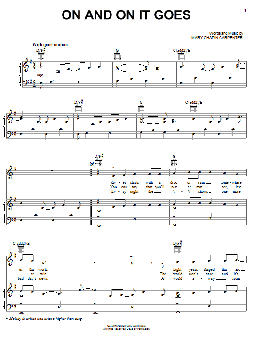 Mary Chapin Carpenter On And On It Goes Sheet Music Notes & Chords for Piano, Vocal & Guitar (Right-Hand Melody) - Download or Print PDF