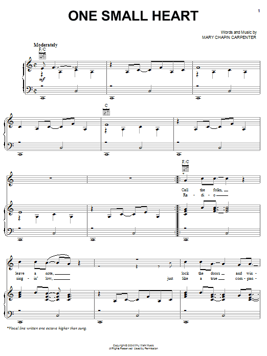 Mary Chapin Carpenter One Small Heart Sheet Music Notes & Chords for Piano, Vocal & Guitar (Right-Hand Melody) - Download or Print PDF