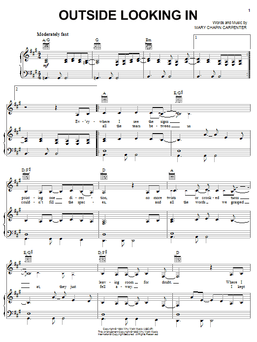 Mary Chapin Carpenter Outside Looking In Sheet Music Notes & Chords for Piano, Vocal & Guitar (Right-Hand Melody) - Download or Print PDF