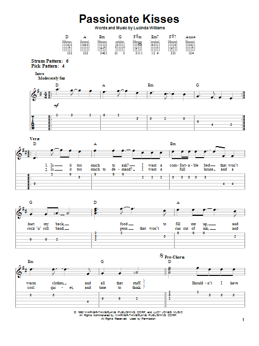 Mary Chapin Carpenter Passionate Kisses Sheet Music Notes & Chords for Piano, Vocal & Guitar (Right-Hand Melody) - Download or Print PDF