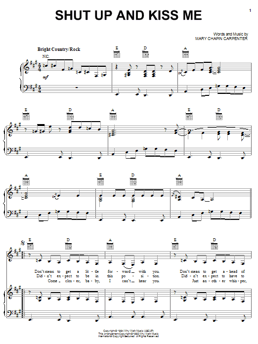 Mary Chapin Carpenter Shut Up And Kiss Me Sheet Music Notes & Chords for Piano, Vocal & Guitar (Right-Hand Melody) - Download or Print PDF