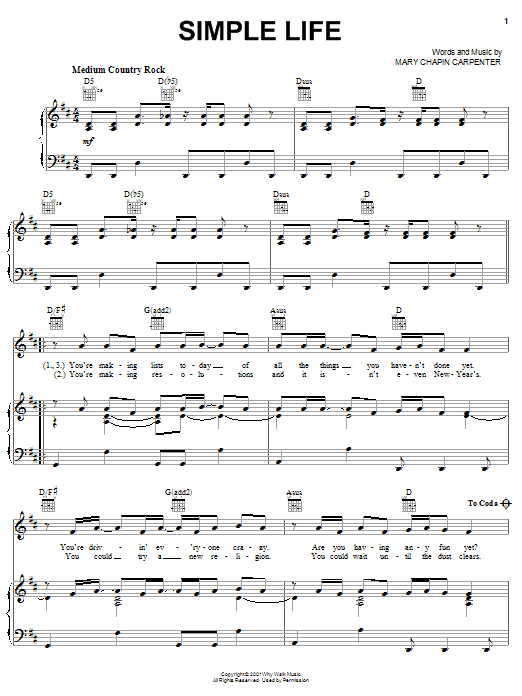 Mary Chapin Carpenter Simple Life Sheet Music Notes & Chords for Piano, Vocal & Guitar (Right-Hand Melody) - Download or Print PDF