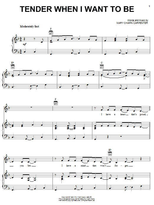 Mary Chapin Carpenter Tender When I Want To Be Sheet Music Notes & Chords for Piano, Vocal & Guitar (Right-Hand Melody) - Download or Print PDF