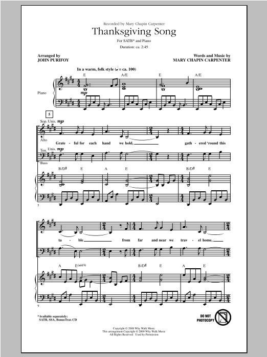 Mary Chapin Carpenter Thanksgiving Song (arr. John Purifoy) Sheet Music Notes & Chords for SATB - Download or Print PDF