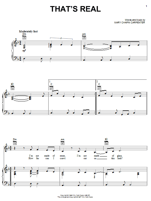 Mary Chapin Carpenter That's Real Sheet Music Notes & Chords for Piano, Vocal & Guitar (Right-Hand Melody) - Download or Print PDF