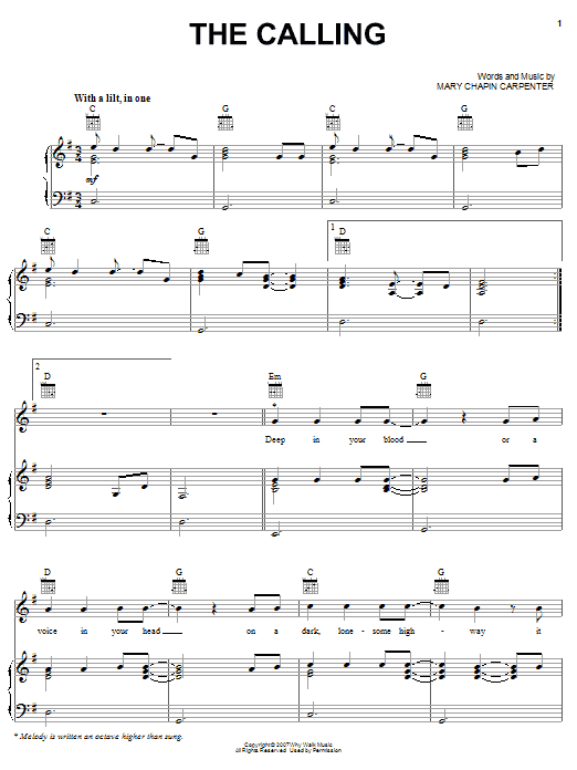 Mary Chapin Carpenter The Calling Sheet Music Notes & Chords for Piano, Vocal & Guitar (Right-Hand Melody) - Download or Print PDF