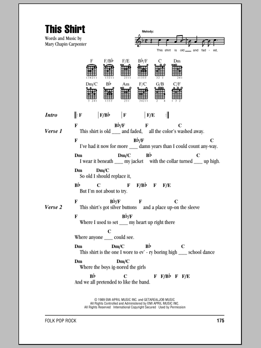 Mary Chapin Carpenter This Shirt Sheet Music Notes & Chords for Lyrics & Chords - Download or Print PDF