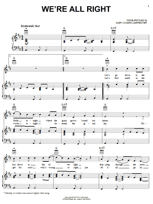 Mary Chapin Carpenter We're All Right Sheet Music Notes & Chords for Piano, Vocal & Guitar (Right-Hand Melody) - Download or Print PDF