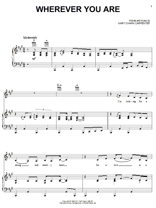 Mary Chapin Carpenter Wherever You Are Sheet Music Notes & Chords for Piano, Vocal & Guitar (Right-Hand Melody) - Download or Print PDF