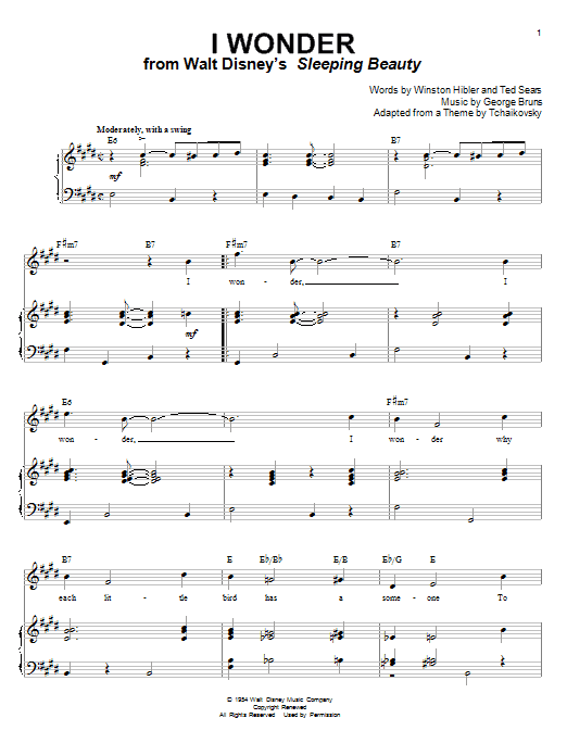 Mary Costa I Wonder (from Sleeping Beauty) Sheet Music Notes & Chords for Piano, Vocal & Guitar (Right-Hand Melody) - Download or Print PDF