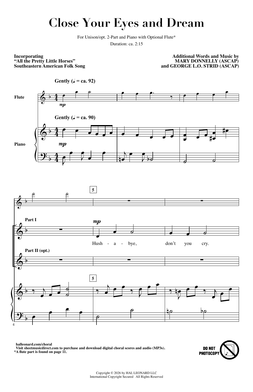 Mary Donnelly & George L.O. Strid Close Your Eyes And Dream Sheet Music Notes & Chords for Choir - Download or Print PDF