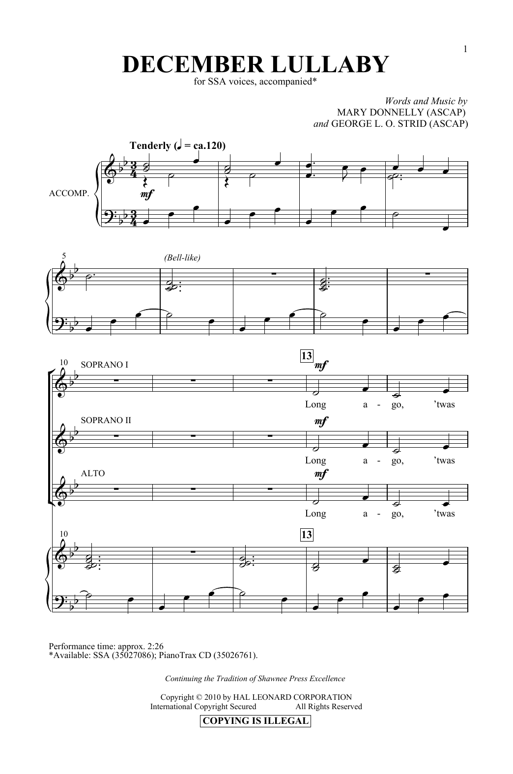 Mary Donnelly & George L.O. Strid December Lullaby Sheet Music Notes & Chords for SSA Choir - Download or Print PDF