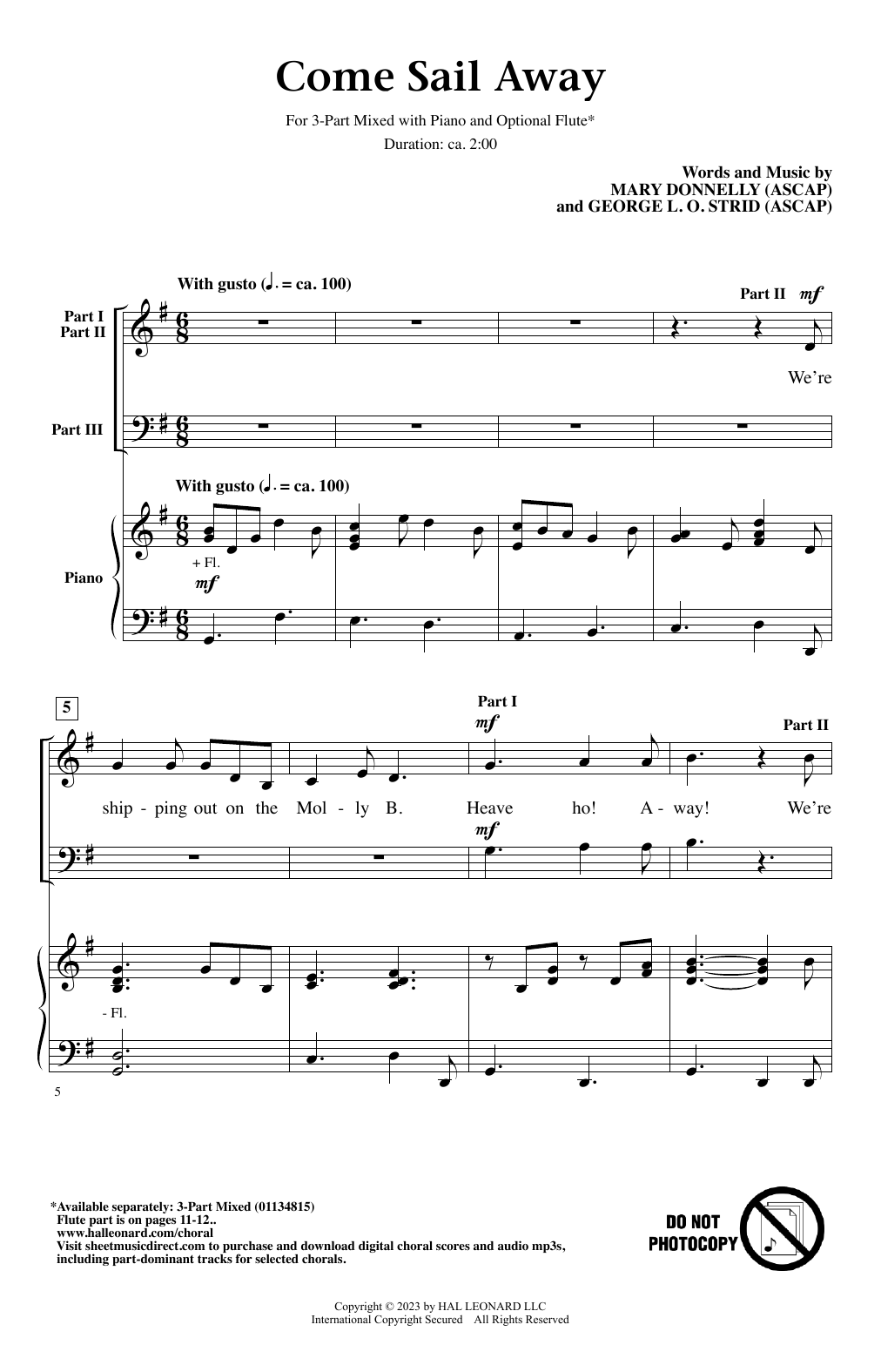 Mary Donnelly and George L.O. Strid Come Sail Away Sheet Music Notes & Chords for 3-Part Mixed Choir - Download or Print PDF