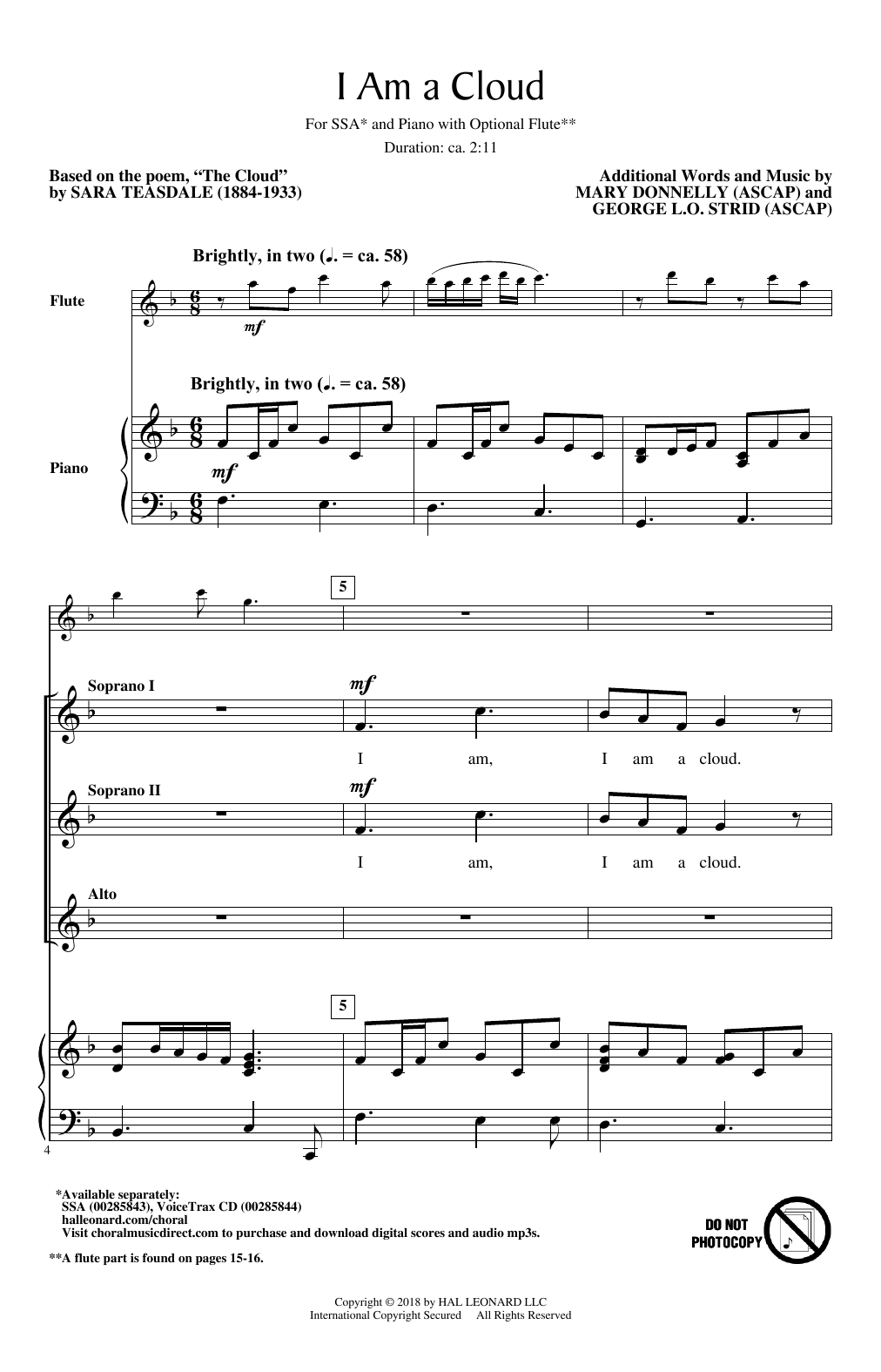 Mary Donnelly and George L.O. Strid I Am A Cloud Sheet Music Notes & Chords for SSA Choir - Download or Print PDF