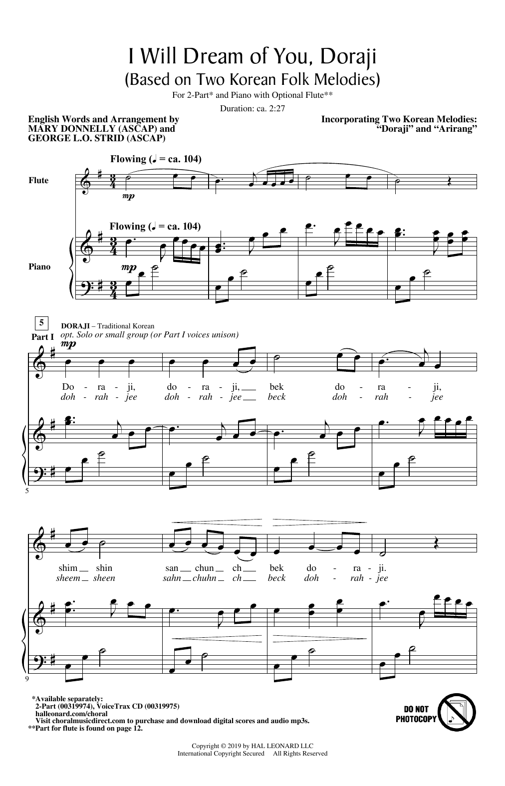 Mary Donnelly and George L.O. Strid I Will Dream Of You, Doraji (Based on Two Korean Folk Melodies) Sheet Music Notes & Chords for 2-Part Choir - Download or Print PDF