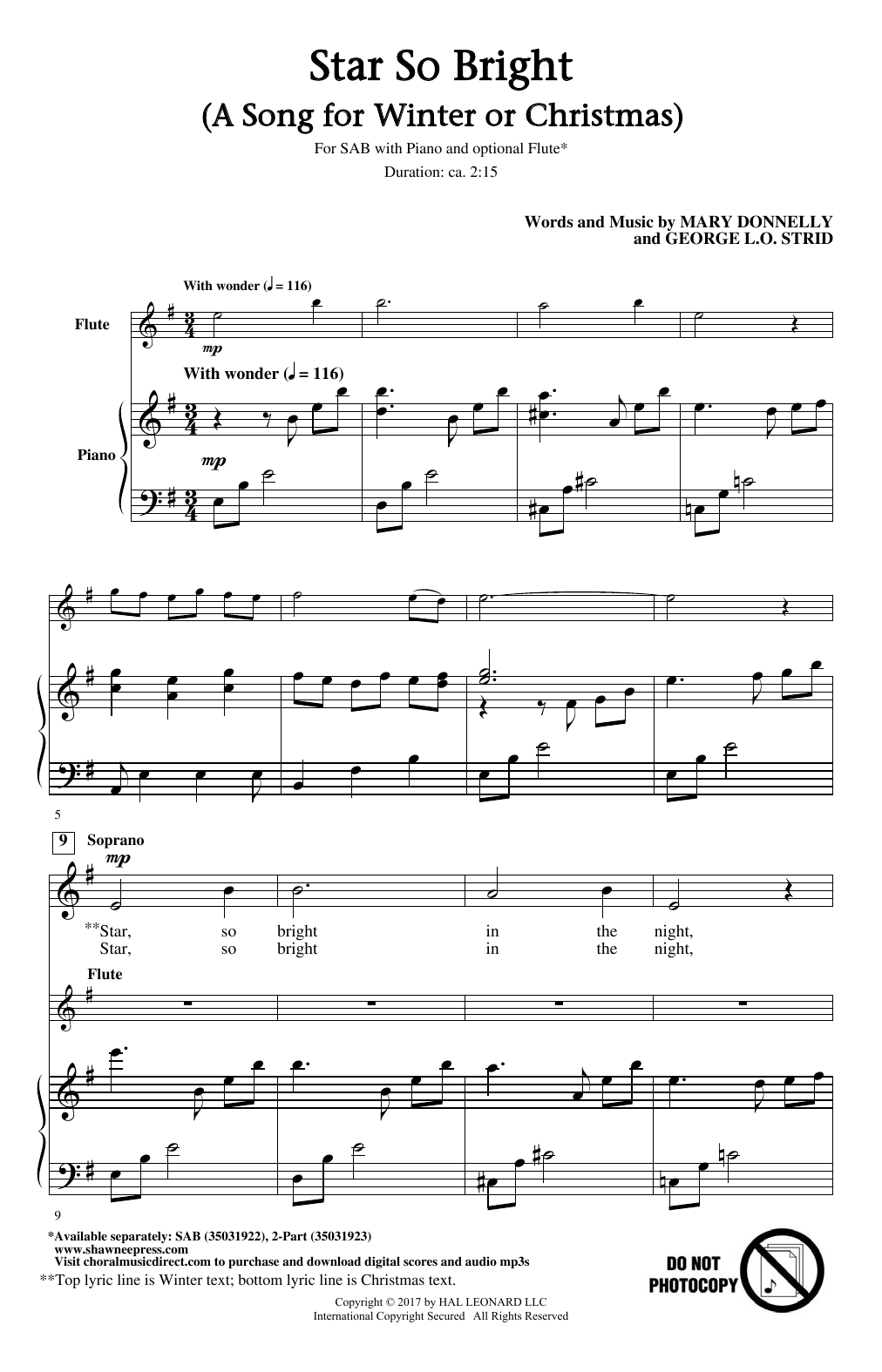 Mary Donnelly and George L.O. Strid Star So Bright (A Song For Winter Or Christmas) Sheet Music Notes & Chords for SAB - Download or Print PDF