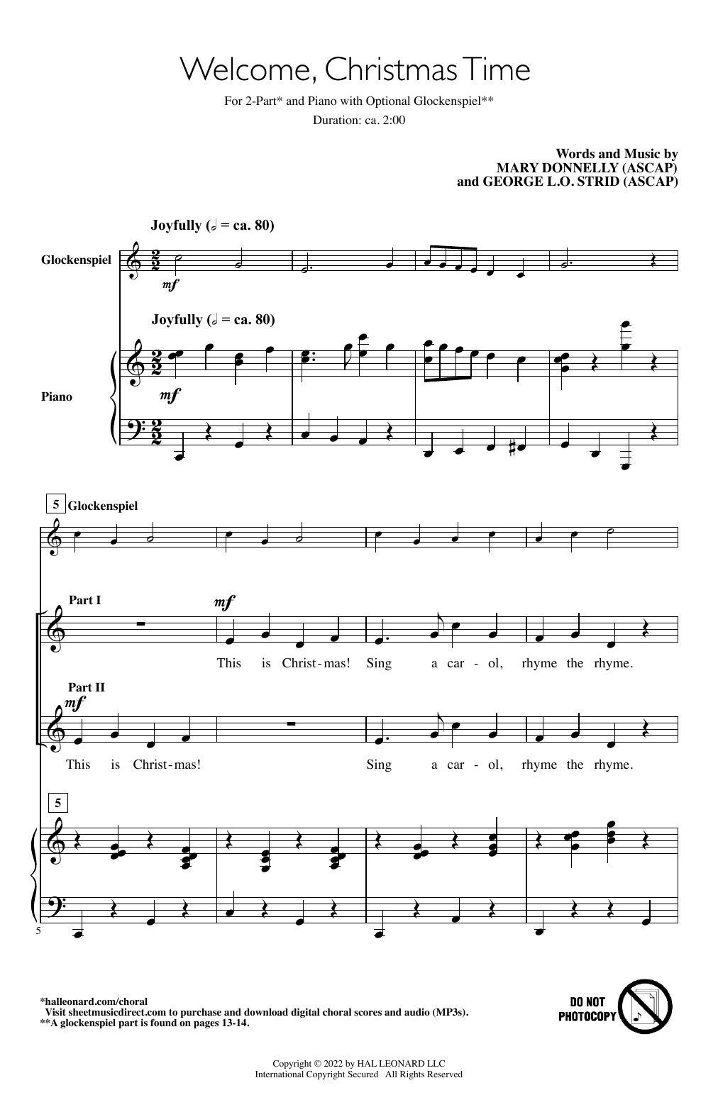 Mary Donnelly and George L.O. Strid Welcome, Christmas Time Sheet Music Notes & Chords for 2-Part Choir - Download or Print PDF