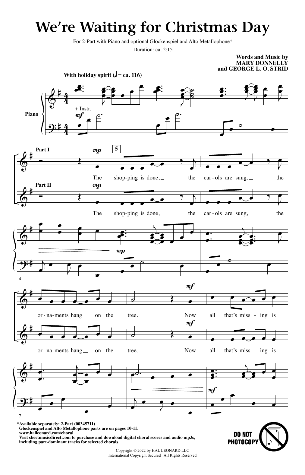 Mary Donnelly and George L.O. Strid We're Waiting For Christmas Day Sheet Music Notes & Chords for 2-Part Choir - Download or Print PDF