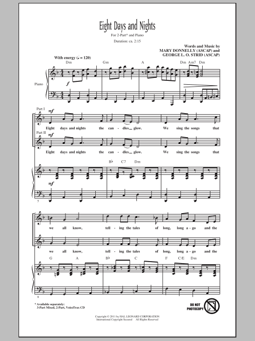 Mary Donnelly Eight Days And Nights Sheet Music Notes & Chords for 2-Part Choir - Download or Print PDF