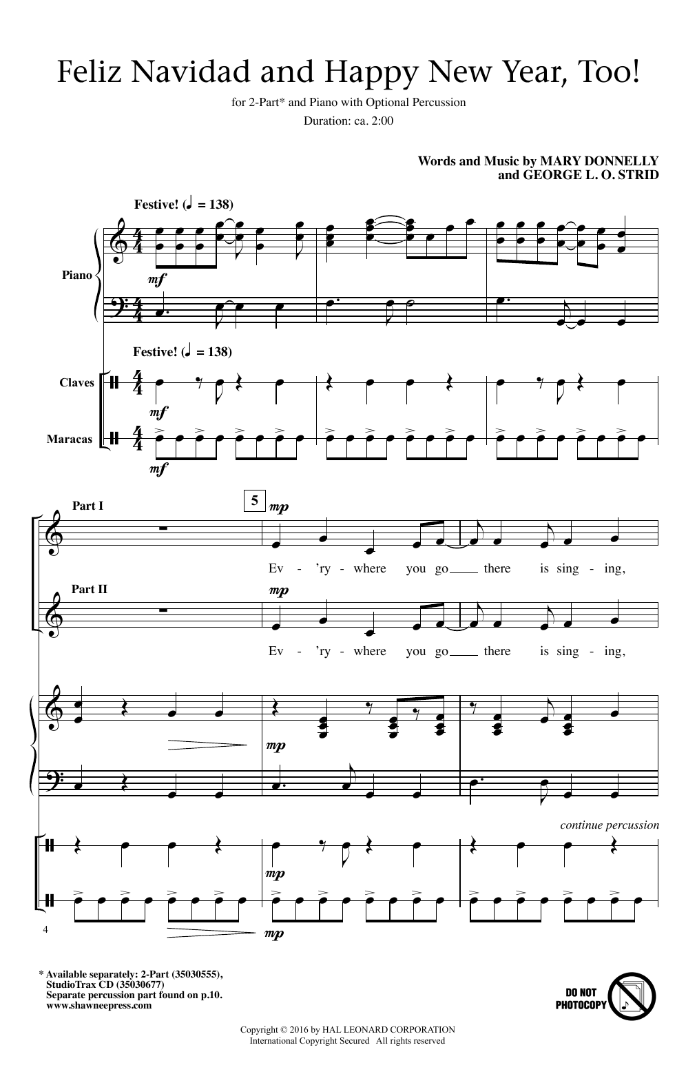 Mary Donnelly Feliz Navidad And Happy New Year, Too! Sheet Music Notes & Chords for 2-Part Choir - Download or Print PDF