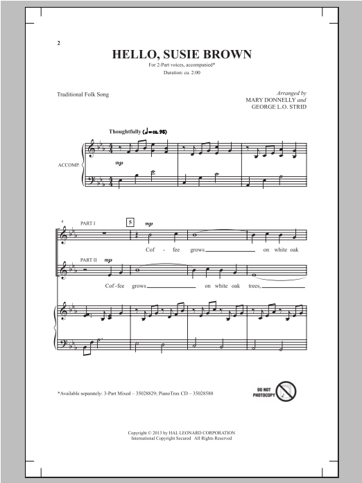 Mary Donnelly Hello, Susie Brown Sheet Music Notes & Chords for 3-Part Mixed - Download or Print PDF