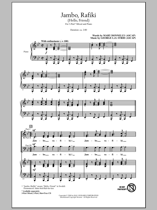 Mary Donnelly Jambo, Rafiki (Hello, Friend) Sheet Music Notes & Chords for 3-Part Mixed - Download or Print PDF