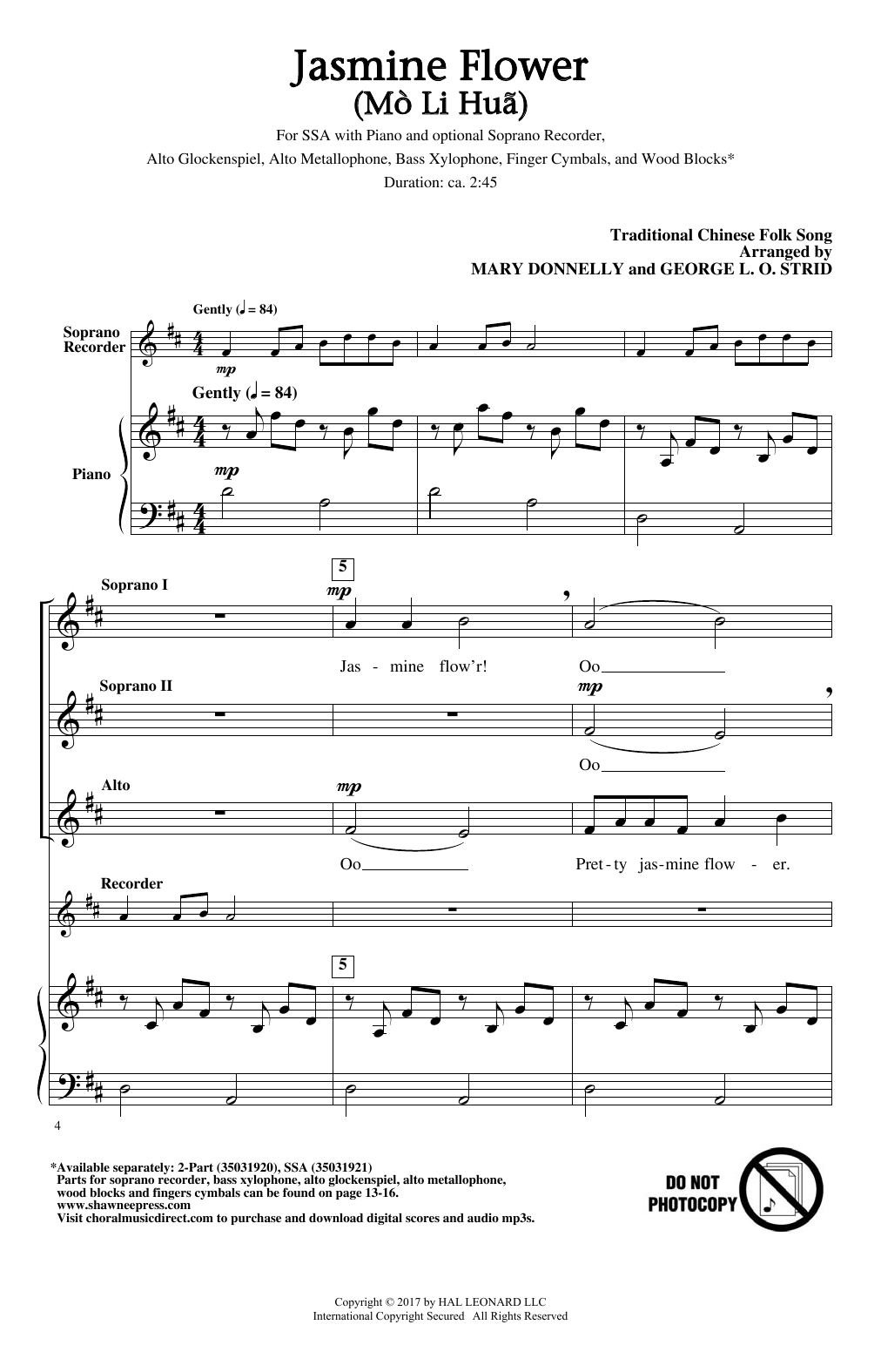 Mary Donnelly Jasmine Flower (Mo Li Hua) Sheet Music Notes & Chords for SSA - Download or Print PDF