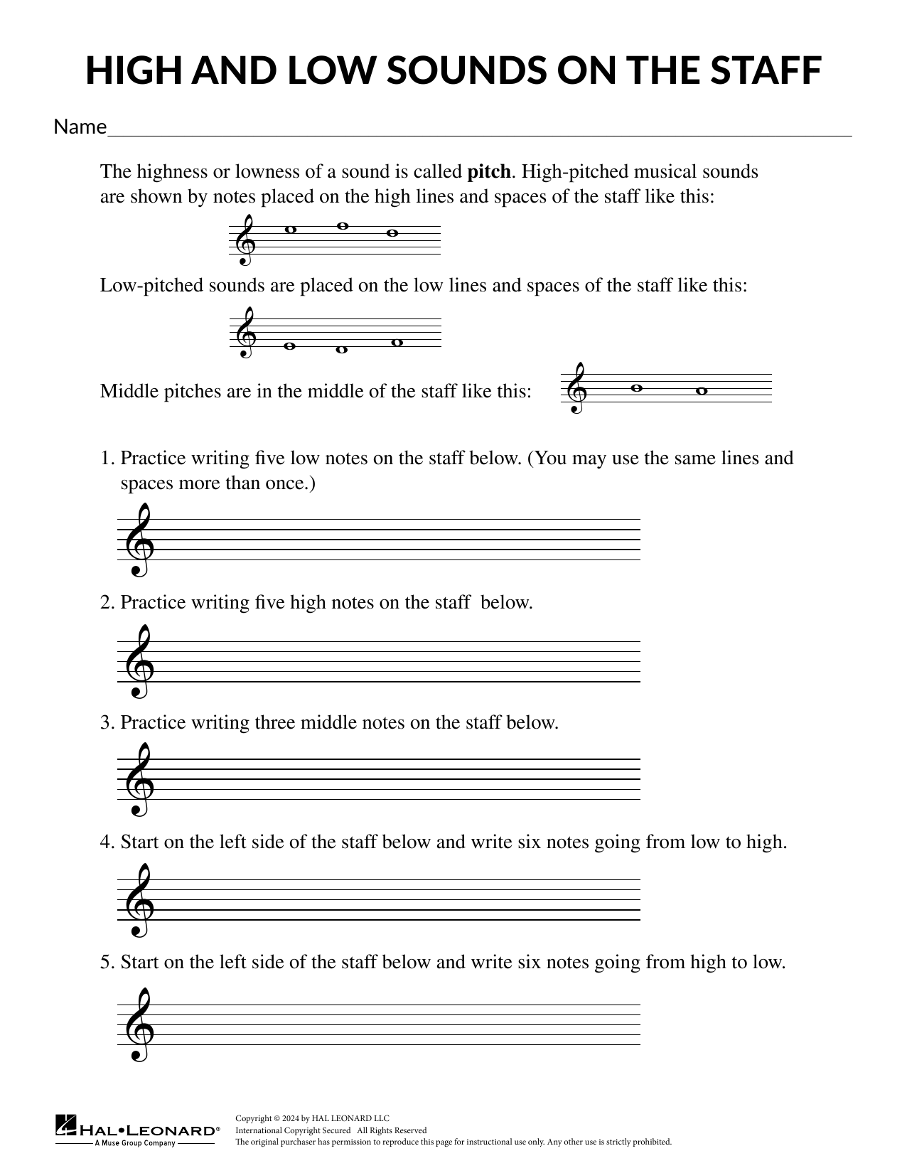 Mary Donelly Low and High Sounds on the Staff Sheet Music Notes & Chords for Theory Worksheet - Download or Print PDF