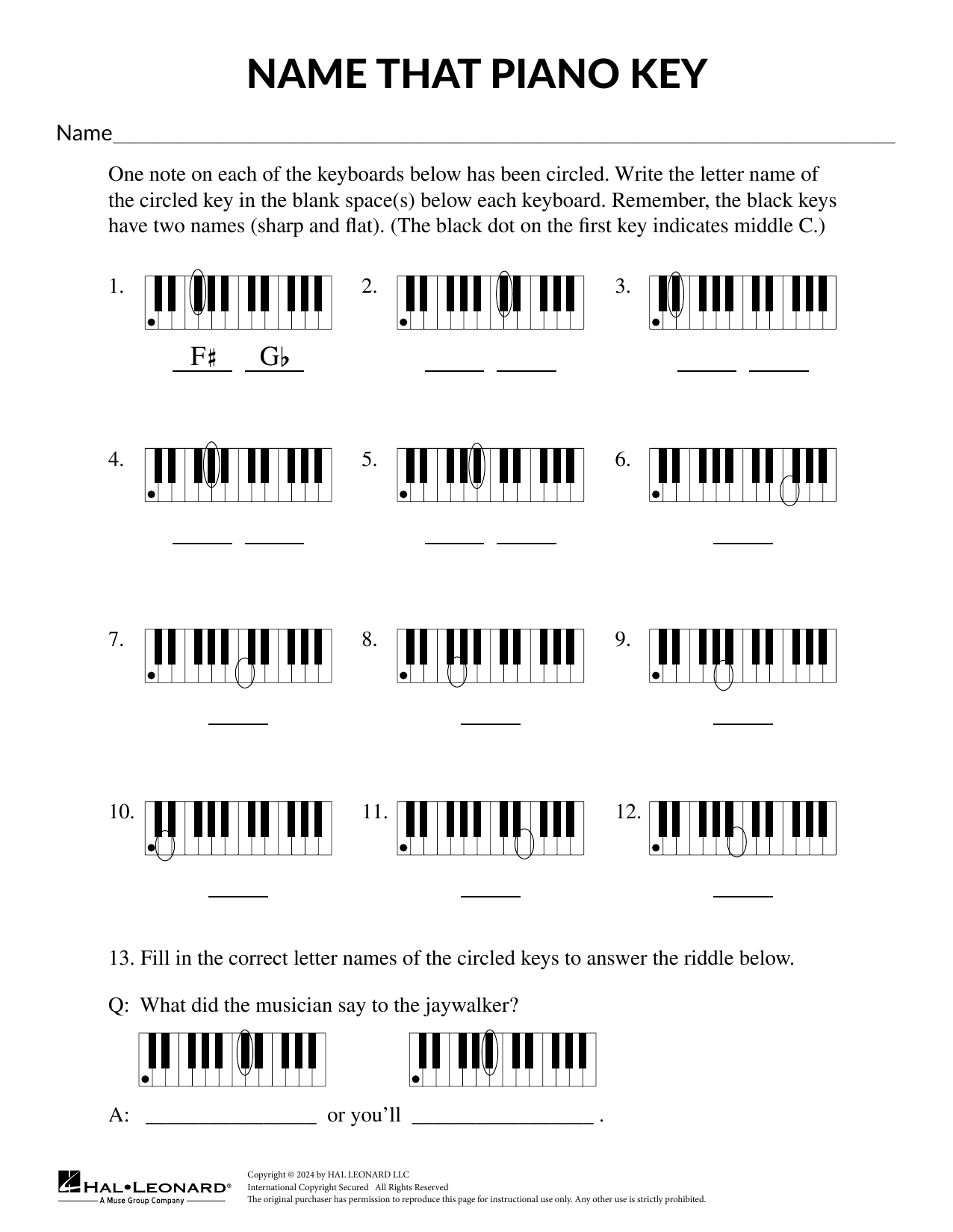 Mary Donelly Name that Piano Key Sheet Music Notes & Chords for Theory Worksheet - Download or Print PDF