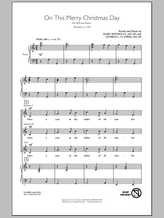 Mary Donnelly On This Merry Christmas Day Sheet Music Notes & Chords for SSA - Download or Print PDF