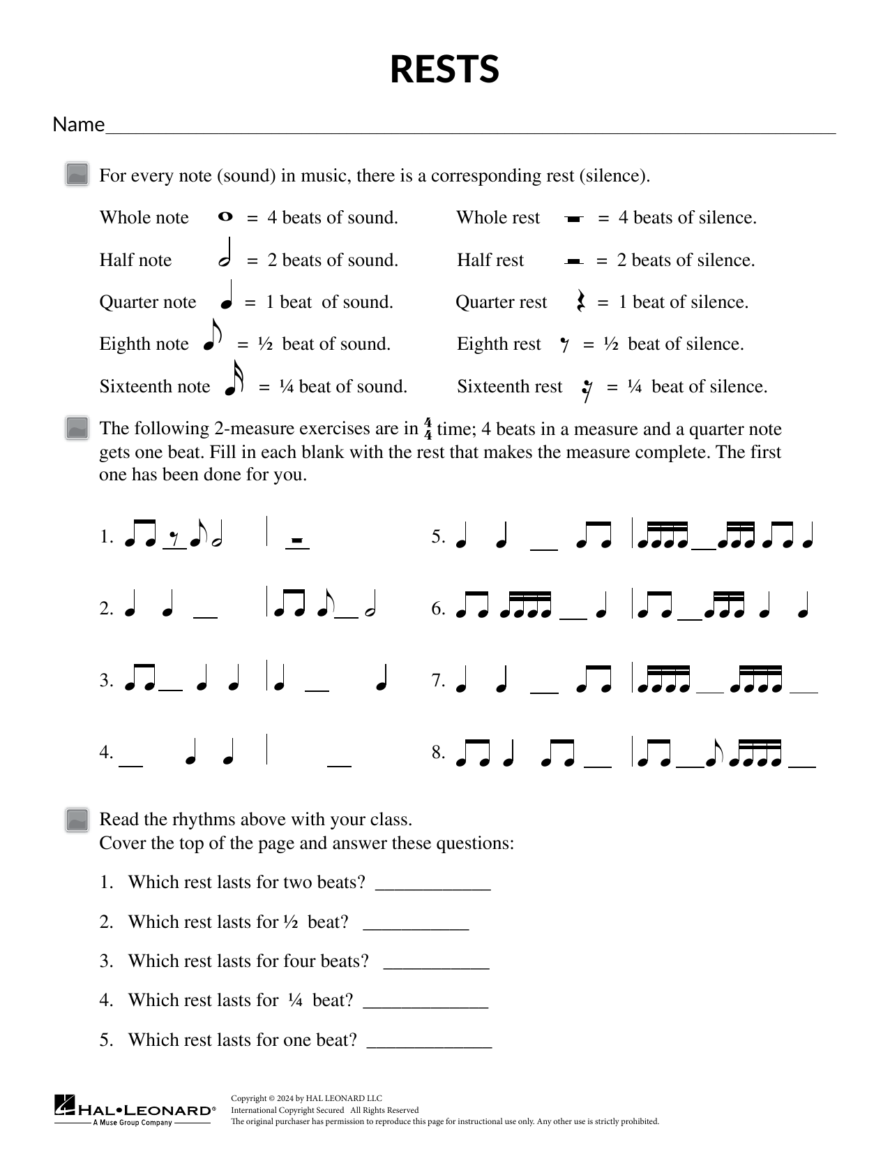 Mary Donelly Rests Sheet Music Notes & Chords for Theory Worksheet - Download or Print PDF