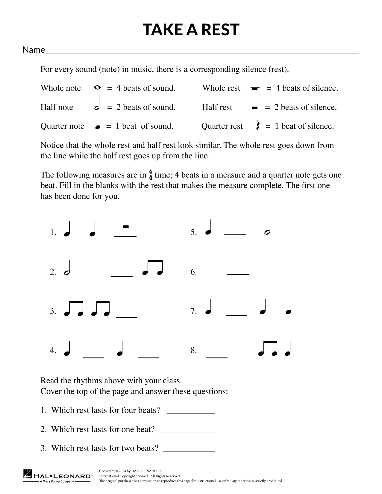 Mary Donnelly Take a Rest Sheet Music Notes & Chords for Theory Worksheet - Download or Print PDF