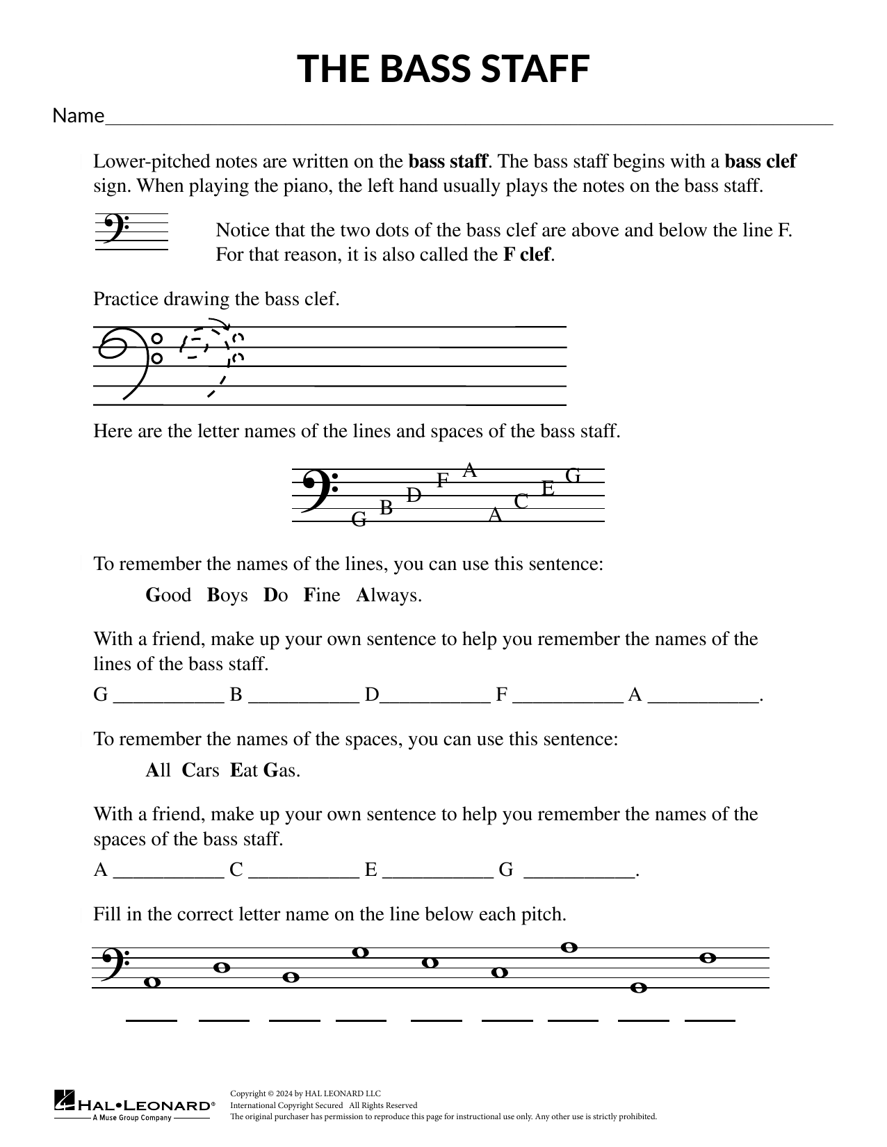 Mary Donnelly The Bass Staff Sheet Music Notes & Chords for Theory Worksheet - Download or Print PDF