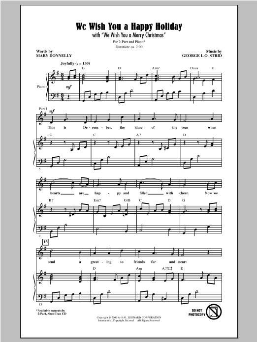 George L.O. Strid We Wish You A Happy Holiday Sheet Music Notes & Chords for 2-Part Choir - Download or Print PDF
