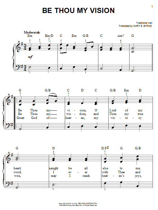 Mary E. Byrne Be Thou My Vision Sheet Music Notes & Chords for Easy Piano - Download or Print PDF