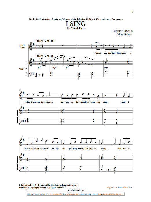Mary Goetze I Sing Sheet Music Notes & Chords for SSA - Download or Print PDF