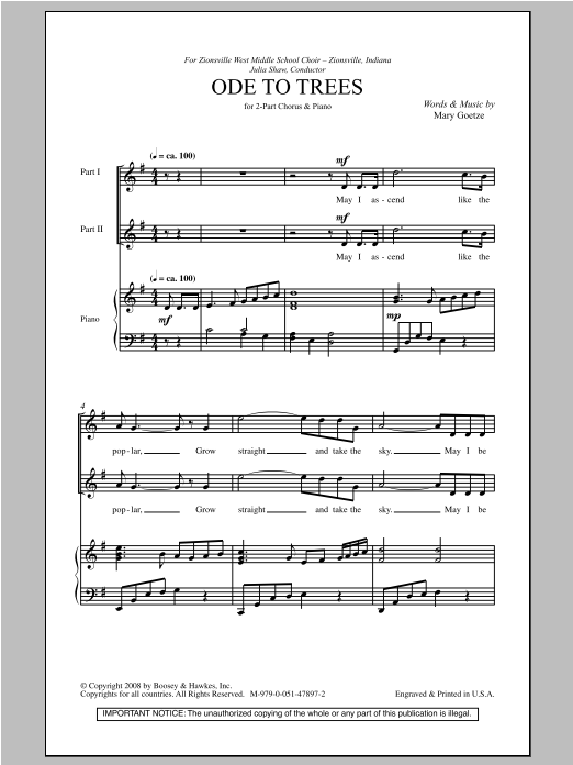 Mary Goetze Ode To Trees Sheet Music Notes & Chords for 2-Part Choir - Download or Print PDF